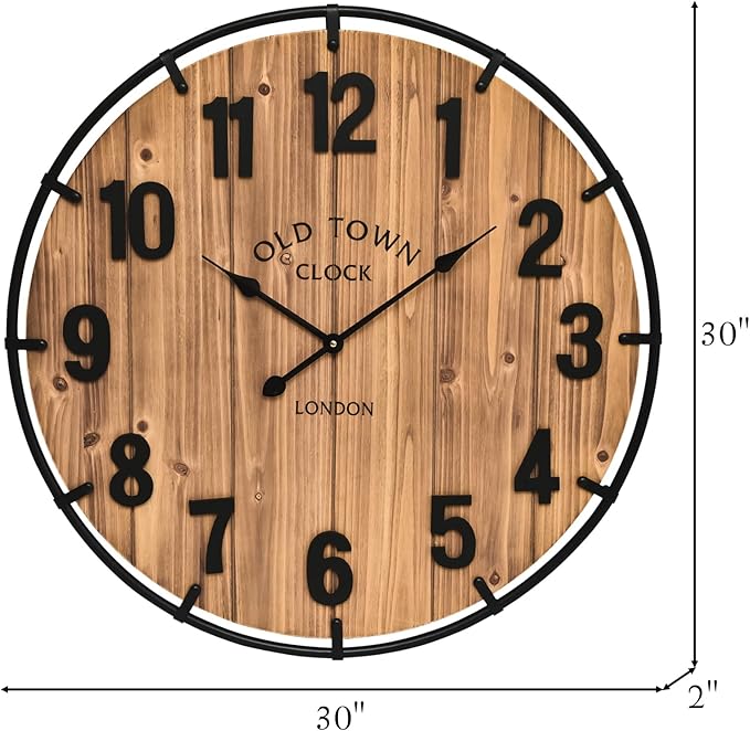 30 Inch Farmhouse Wall Clock Large Old Town Vintage Rustic Wooden Clock with Metal Rim and Large Numerals, Silent Battery-Operated for Office, Kitchen, Bedroom, and Living Room