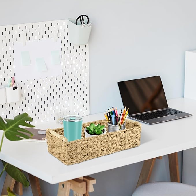 OIAHOMY Toilet Paper Baskets Handmade Paper Rope Decorative Wicker Storage Tank Shelf Cabinet Organizer for Bathroom Home, Set of 2, Yellow