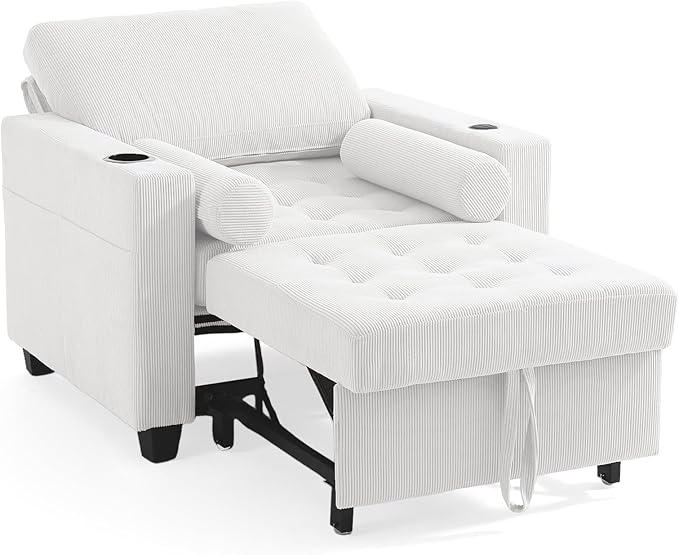 UIXE 3-in-1 Sleeper Sofa Chairs Set of 2, Pull Out Sofa Bed Convertible Reclining Seat Upholstered Armchair, Adjustable Backrest Recliner Chair with Side Pockets, Cup Holder & USB Ports - Beige White