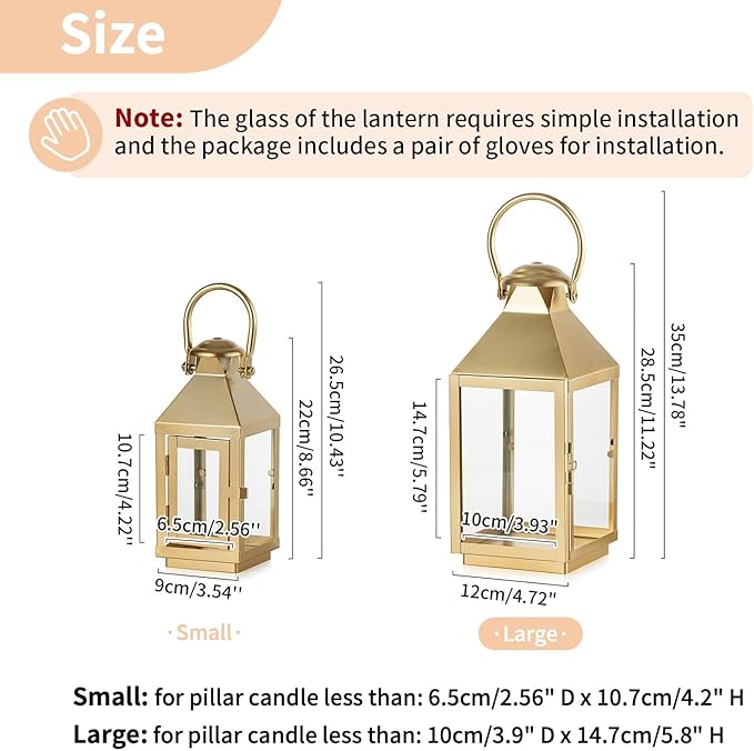 NUPTIO Gold Lanterns Decorative for Wedding: 11.2 Inch Tall Metal Lantern Decor with Glass - Outdoor Pillar Candle Holder for Table Centerpiece Dining Room Mantel Patio