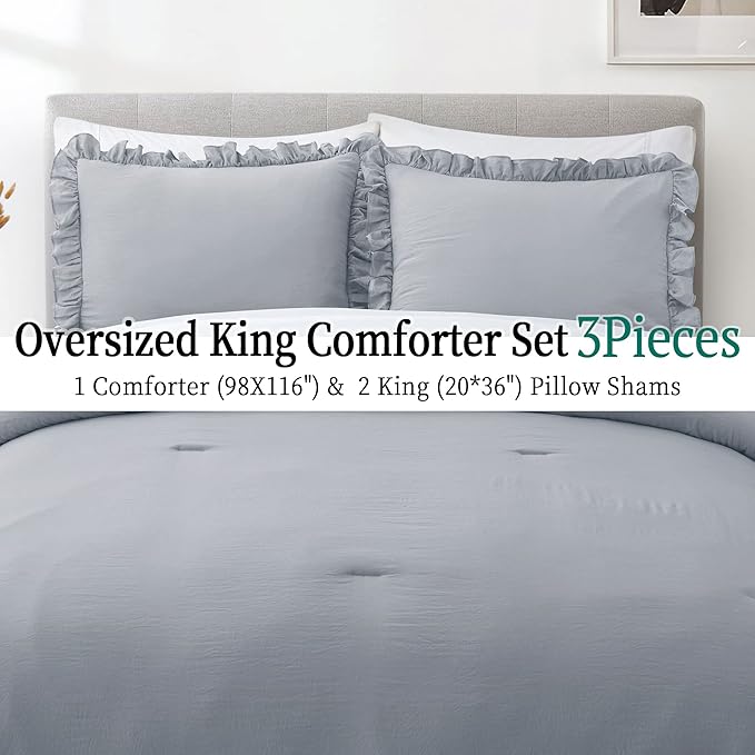Bonlino Bedding Comforter Set Bedroom - 3 Pieces Farmhouse Comforter Ruffle Boho Bed Comforter, Fluffy Soft Lightweight Bedding Chic Rustic Country Style for Home Dorm (Oversized King, Light Grey)