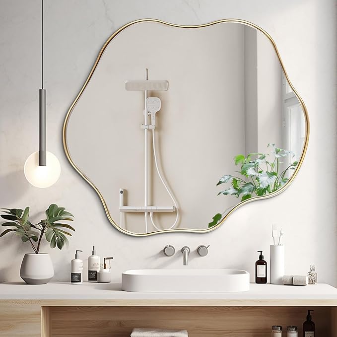 Gold Irregular Mirror, Scalloped Rounded Mirror, 30"x26.8" Asymmetrical Wall Mirrors, Wavy Decorative Mirrors for Living Room Bathroom Bedroom Hallway Entryway Fireplace