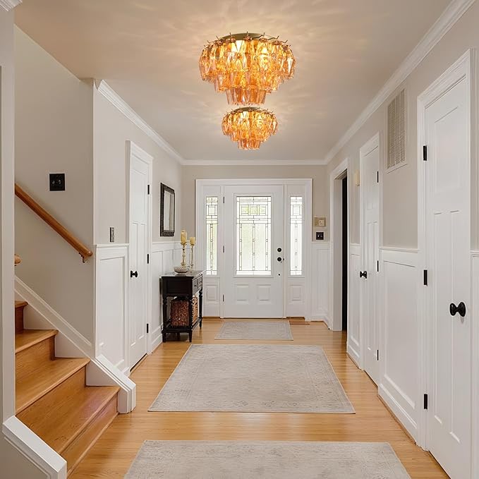 Amber Ceiling Light, 17" Modern Crystal Glass Chandelier for Bedroom, 3-Light Round Flush Mount Ceiling Ligh for Living Room, Bathroom, Hallway, Entryway – Elegant Warm Lighting Fixture