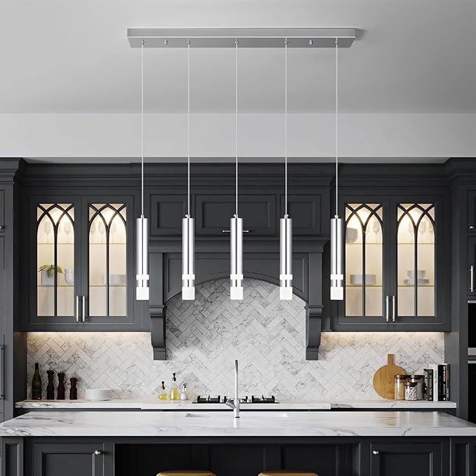 5-Light Dining Room Modern Pendant Light Kitchen Fixture Dimmable LED Chrome Mini Pendant Lighting fo Kitchen Island Study Pendant Lights