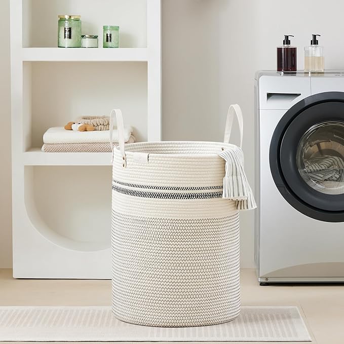 VIPOSCO Tall Laundry Basket, Large Dirty Clothes Hamper with Leather Handle, Woven Rope Storage Basket for Blanket, Toy In Living Room, Bathroom, Bedroom - 100L Stripe White