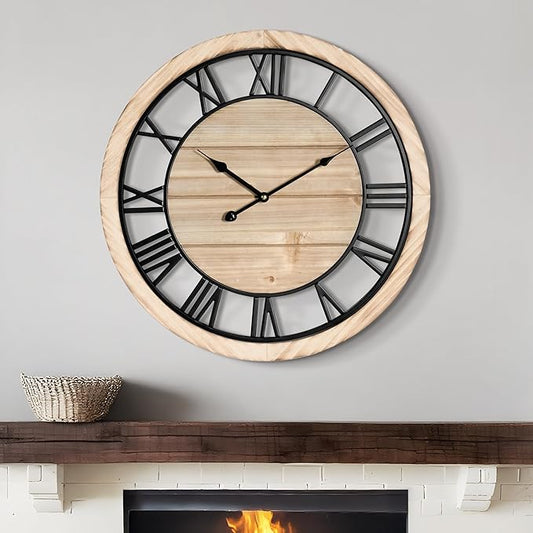 LEIKE 20 Inch Large Wall Clock - Rustic Wooden Silent Non-Ticking Wall Clock with Black Metal Frame, Vintage Farmhouse Decorative for Living Room, Bedroom, Kitchen - Roman Numerals, Modern Design
