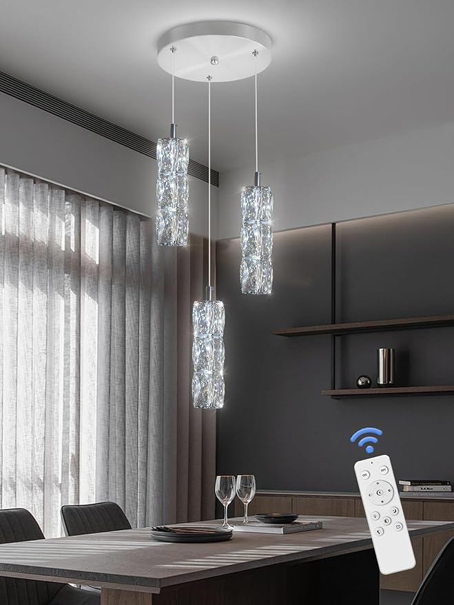 Pendant Lights Kitchen Island 3-Lights Silver Crystal Chandelier for Dining Room Hallway Stairwell,LED Dimmable 2700K-6000K