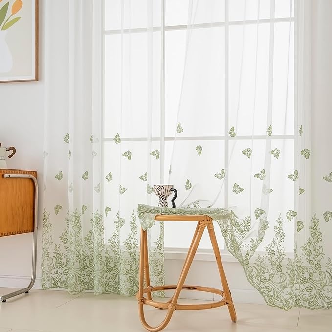 VISIONTEX White Sheer Voile Curtains, Decorative Green Embossed Butterflies Rod Pocket Window Drapes for Home Kitchen, Living Room and Bedroom 54 x 63 Inch, Set of 2 Curtain Panels