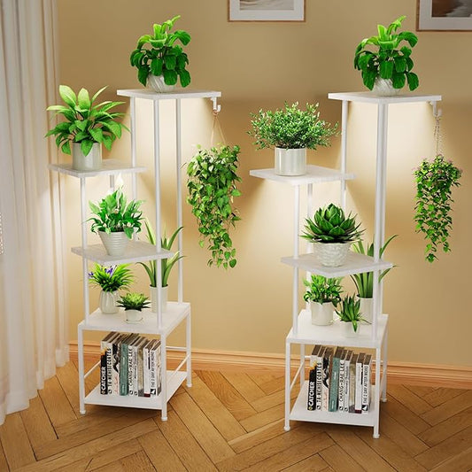 Plant Stand Indoor with Grow Light, 5-Tiered Tall Plant Stand Indoor, Metal Plant Shelf with Hanging Basket Hook and Adjustable Light, Ideal for Living Room, Garden, (2 Patio white)