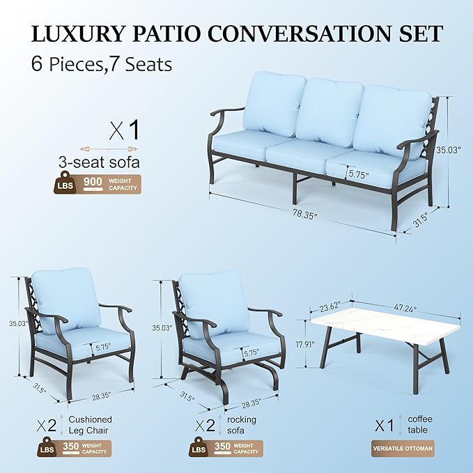 HERA'S HOUSE 6 Piece Patio Furniture Set, 2 x Rocking Chair, 2 x Fixed Chair, 1 x 3-Seat Sofa with Marbling Coffee Table, All Weather Outdoor Conversation Set for Lawn Garden Backyard, Blue