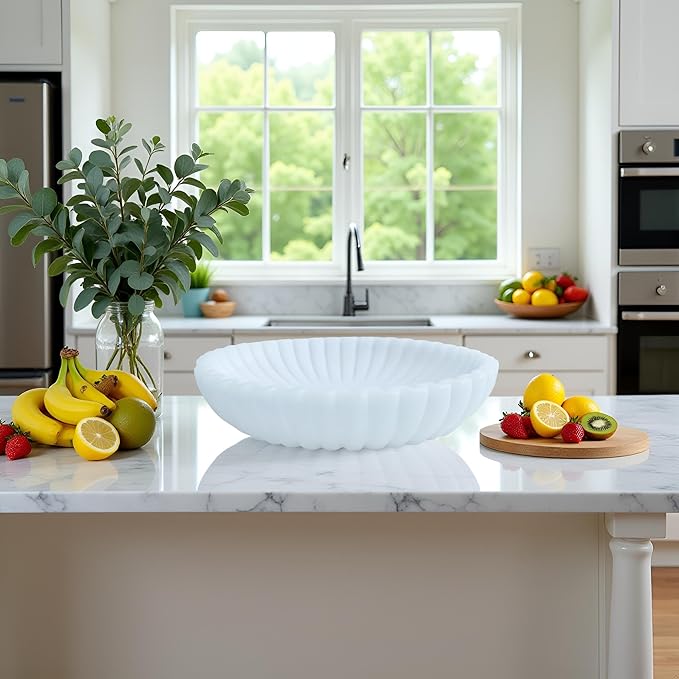 15" Large Decorative Bowl decor , Scalloped Decorative Bowls for Modern Home Decor,Ruffle Decor,Stylish Key Bowl for Entry Table,Decorative Fruit Bowl for Kitchen Counter,Artificial Stone Milky white