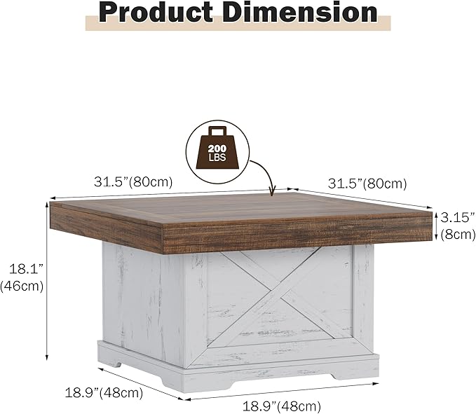 Coffee Table 31.5 in Farmhouse Center Table with X Design Wooden Pedestal for Living Room, Easy Assembly Small Square Home Office Tea Accent Table for Dining Room Apartment, Antique White