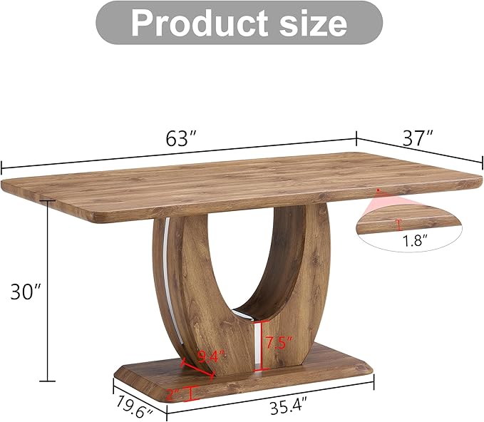 Wooden Dining Table, 63” Rectangular Kitchen Table with Modern Pedestal Base, Rustic Wood Finish, 30” Tall Dining Room Table for Family, Living Room, Restaurant
