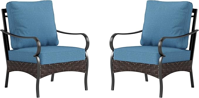 PHI VILLA Outdoor Wicker Chairs Sofa of 2, All Weather High Back Rattan Chairs 2 Seats with Comfy Cushions for Porch Deck