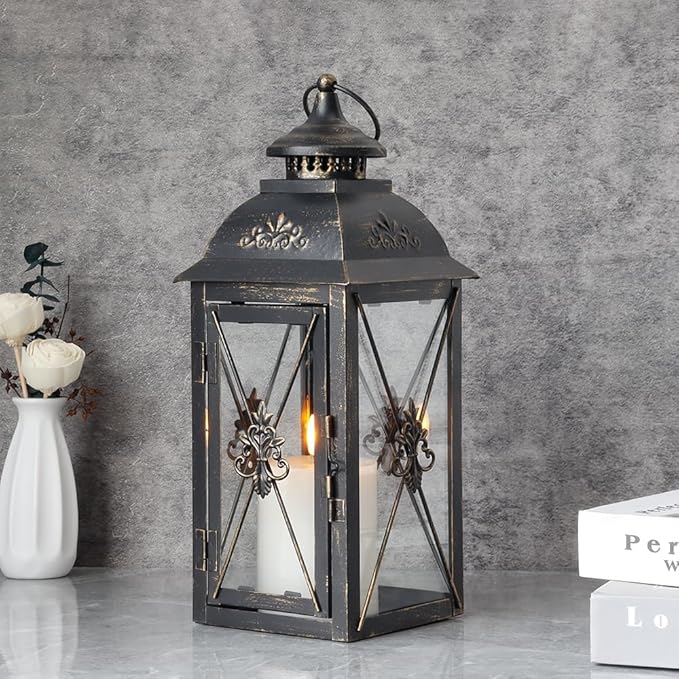 TRIROCKS Decorative Hanging Lantern 13.5'' High Vintage Metal Candle Holder with Tempered Glass Perfect for Living Room Garden Yard Patio Parties Events Indoors Outdoors (Black)