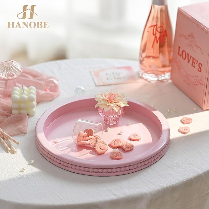 Hanobe Pink Tray Decorative Round: Beaded Perfume Trays Decor for Dresser Circle Vanity Makeup Serving Tray for Ottoman Coffee Table Bathroom Counter