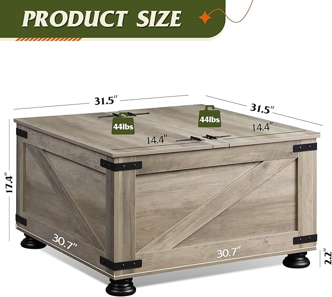 WLIVE Farmhouse Coffee Table, 31.5" Square Wood Center Table with Flip-Top Lids and Large Hidden Storage Compartment for Living Room, Bedroom, Grey Oak