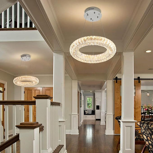 Modern Crystal Chandelier Dimmable LED 15.7" Ring Pendant Light Adjustable Round Chrome Crystal Chandelier Light Fixtures for Dining Room Living Room