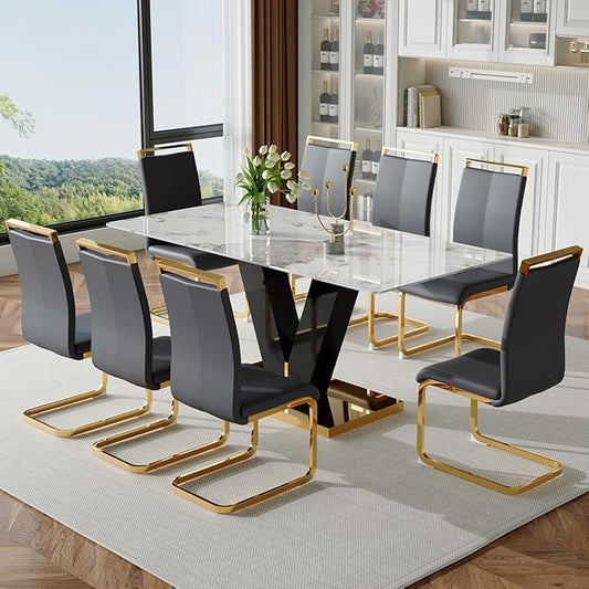 71'' Dining Table Set for 8,Marble Dining Table Set,Modern Kitchen Table with 8 PU Leather Chairs,Gold Dining Room Table Set with V-Shaped Black Glossy Pillars,Ideal for Kitchen Dining Room