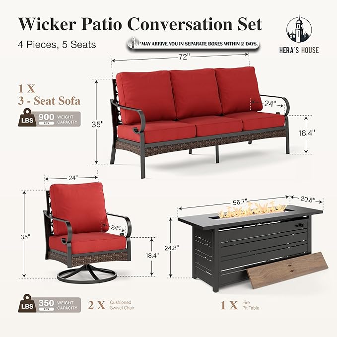HERA'S HOUSE 4 Piece Patio Furniture Set with 56" Fire Pit Table, 2 x Swivel Cushioned Chair, 1 x 3-Seat Sofa, 5-Seats Outdoor Conversation Set for Lawn Garden Deck, Red