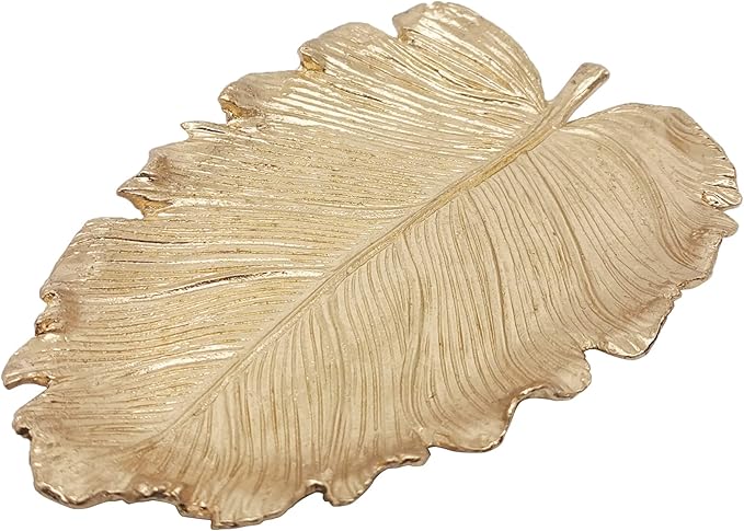 Metal Jewelry Dish, Small Leaf Shaped Ring Holder Jewelry Organizer, Trinket Dish Vanity Tray for Dresser Christmas Birthday Wedding Gifts Large Elm-Gold