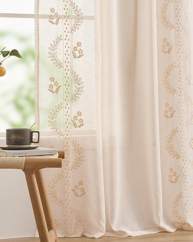 jinchan Belrose Linen Sheer Curtains for Living Room 63 Inch Length Sheer Voile Embroidered Floral Curtains for Bedroom Light Filtering Rod Pocket Window Treatments Farmhouse Decor 2 Panels Beige