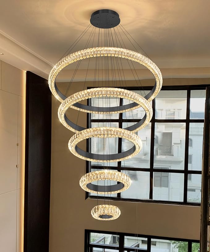 5 Ring Large Crystal Chandelier Modern LED Dimmable High Ceiling Chandelier Ring Contemporary Pendant Light Fixture for Living Room Foyer Staircase Gold D40''