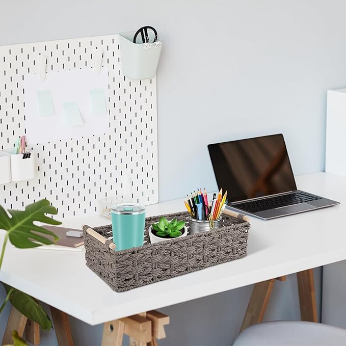 OIAHOMY Toilet Paper Baskets Handmade Paper Rope Decorative Wicker Storage Tank Shelf Cabinet Organizer for Bathroom Home, Set of 2, Grey