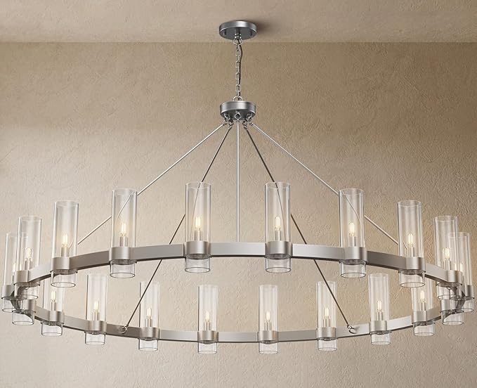Nickel Chandelier,20-Light Wagon Wheel Chandelier with Glass Shade, 60 Inch Large Round Industrial High Ceilings Pendant Lighting Fixture for Dining Room, Living Room, Kitchen Island