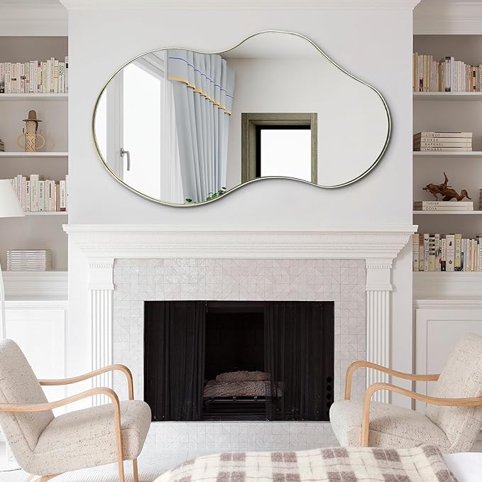 Irregular Wall Mirror, 46"x26" Asymmetrical Mirrors with Gold Metal Frame, Waved Shaped Decorative Mirrors for Living Room Bathroom Bedroom Hallway Entryway Fireplace