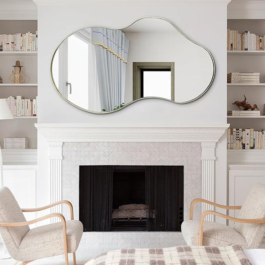 Irregular Wall Mirror, 46"x26" Asymmetrical Mirrors with Gold Metal Frame, Waved Shaped Decorative Mirrors for Living Room Bathroom Bedroom Hallway Entryway Fireplace