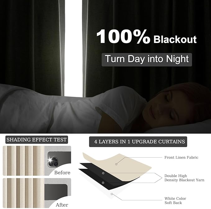 Topfinel 120 Inch Long Extra Long Pinch Pleat Linen Curtains for Living Room,Neutral Beige Cream 100 Percent Blackout Floor to Ceiling Farmhouse Sound Absorbing Drapes 2 Panels for Track System 10 FT