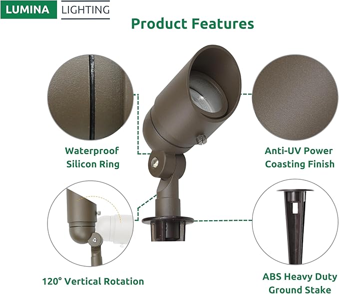Lumina Lighting® 4W Landscape Lighting 12V Landscape Lights Low Voltage Landscape Spotlights Warm White Waterproof Outdoor Replaceable LED Bulb for Garden, Lawn, Porch, Patio and Yard (Bronze, 2-Pack)