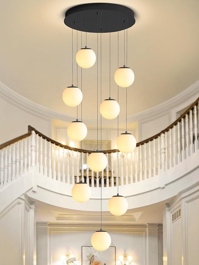 H118 Large Chandeliers for High Ceilings,12-Lights Mid Century Globe Chandelier Black Modern Globe Pendant Light for Entryway Villas and Stairs
