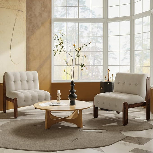 Modern Armless Accent Chair Set of 2 for Living Room, Beige Linen Button Tufted Upholstered Lounge Reading Chair with Walnut Wood Frame