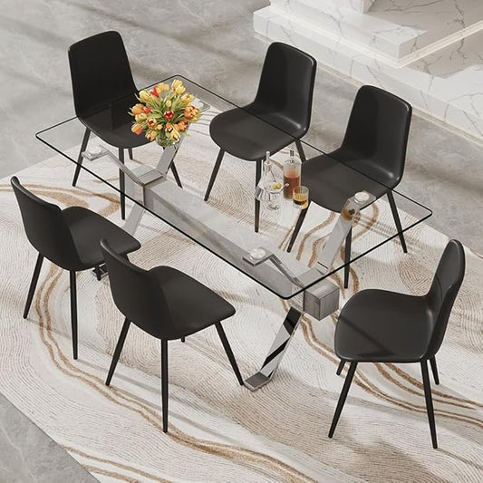 71'' Glass Dining Table Set for 6,7 Piece Dining Table Set with Tempered Glass Tabletop and Open‑Frame X‑Shaped Metal Base,Kitchen Table and Chairs Ideal for Dining Room&Home Office