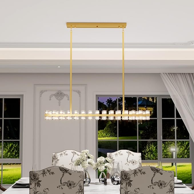 Gold Rectangular Crystal Chandelier Light Fixture 53.4 in Dining Room Chandelier Over Table Modern Farmhouse Ceiling Pendant Hanging Light Fixture for Living Room, Kitchen Island (Bulb not Included)