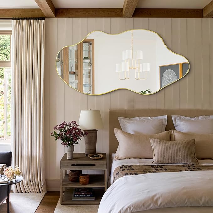 Large Irregular Mirror, Asymmetrical Wall Mirror, 52"x25.5" Gold Abstract Mirrors Decorative, Modern Frameless Wavy Shaped Mirrors for Dressing Living Room Bathroom Bedroom Hallway Entryway