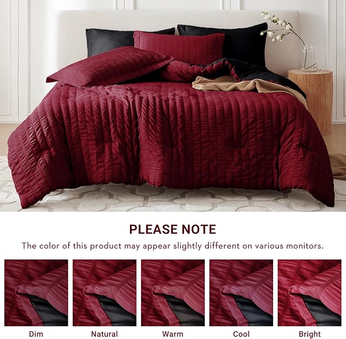 MUXHOMO 7 Pieces Full Comforter Set, Seersucker Bed in a Bag Full Size, All Season Luxury Bedding Set with Comforter, Flat Sheet, Fitted Sheet, Pillowcases & Shams, Red & Black