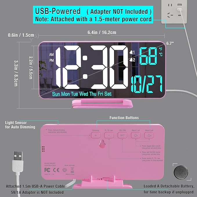Pink Digital Clock for Bedroom 6.7in Dual Alarm Clock with Dimming, 12/24h, Seconds, Date, Day of Week, Temp, Desk Clock, LED Clock for Table Decor, Digital Calendar Table Clocks for Bedrooms KOSUMOSU