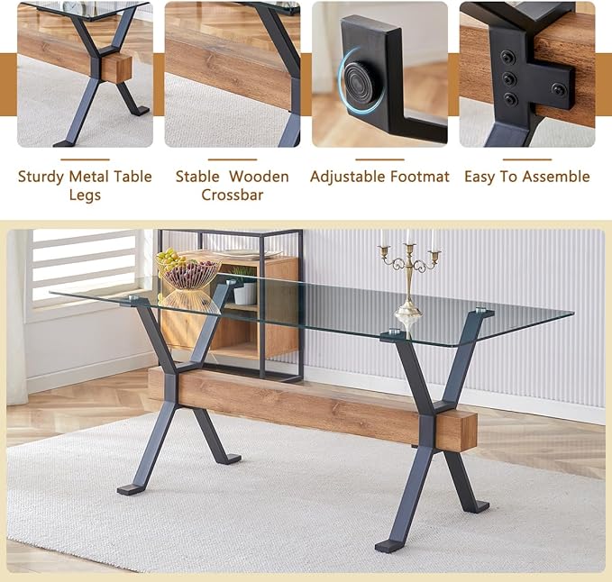 9 Piece Glass Dining Table Set, Kitchen Table Chairs Set for 8, 71'' Dining Table with 0.4" Tempered Glass Tabletop with Plated Metal Legs and MDF Crossbar, 8 Suede Chairs for Dining Room, Kitchen.