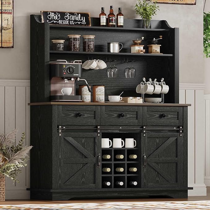 63 Inch Tall Coffee Bar Cabinet with 3-Tier Storage, Kitchen Hutch with 3 Drawers, Farmhouse Coffee Bar with 9 Racks & 3 Glass Holders, Wine Bar Cabinet for Living Dining Room, Black
