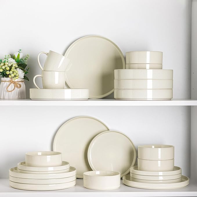 GBHOME Dinnerware Set for 6, 18 Piece Speckled Plates and Bowls Set with Glazed Bottom, Chip & Scratch Resistant Stoneware Plates Sets, Dishwasher & Microwave Safe Dishes, Light Beige