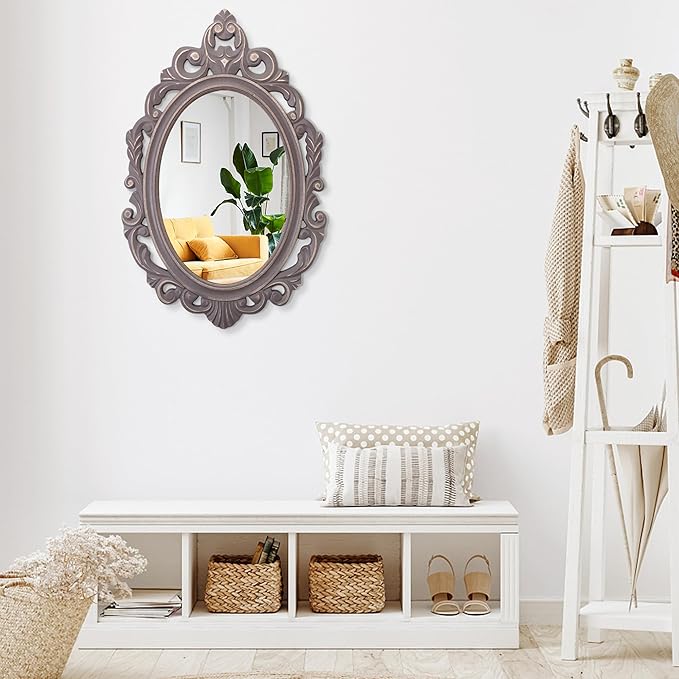 Brown Wooden Frame Wall Mirror Oval Vintage Mirrors Carved Hanging Mirror Decorative for Wall Baroque Style Rustic Aesthetic Mirror for Wall Home Living Room Bedroom Entryway Decor 28"x20"