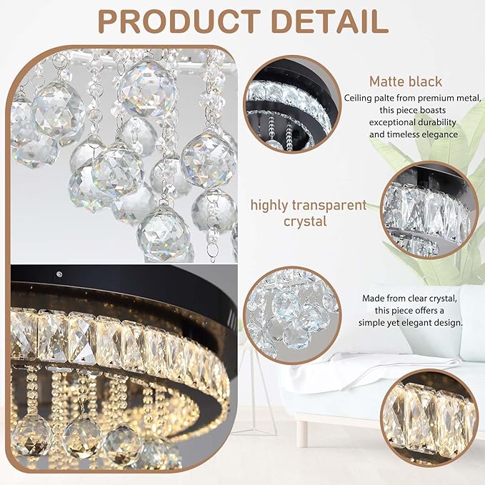 Flashing God 12" Modern Crystal Chandeliers Flush Mount Ceiling Light Black Chandelier for Hallway LED Dimmable Light Fixture for Dining Room Living Room Bedroom