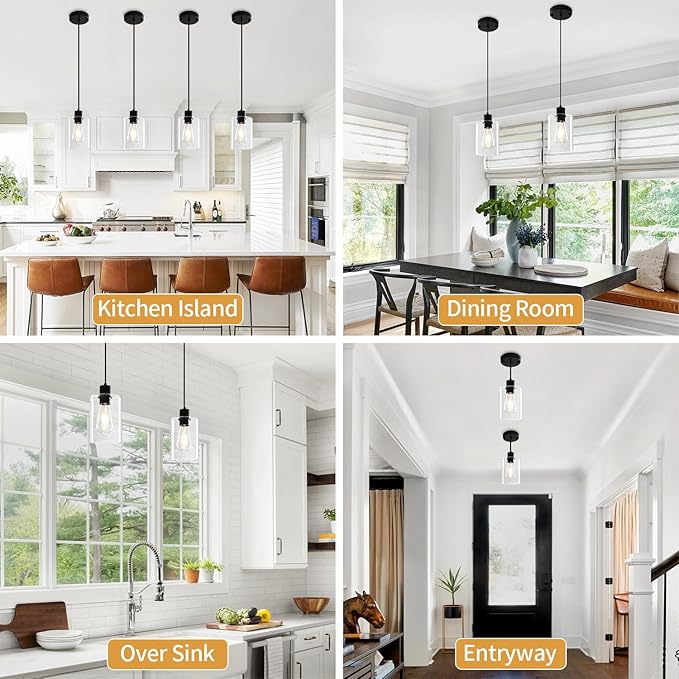 3 Pack Pendant Lights Kitchen Island, Black Kitchen Pendant Lighting Over Island, Hanging Light Fixtures Modern Glass Pendant Lights for Hallway Entryway Bedroom Dining Room