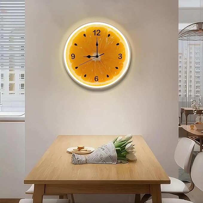 jXIN 12 Inch Orange - Shaped Fun Clock, 2-in-1 LED Silent Clock and Warm White Night Light, Creative Decorative for Cozy Atmosphere Children's Room