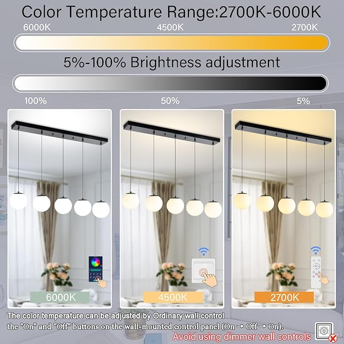 5-Lights Globe Pendant Light for Kitchen Island H 98" Black Rectangle Chandelier Milk White Glass Pendant Lighting for Living Room Bedroom Entryway