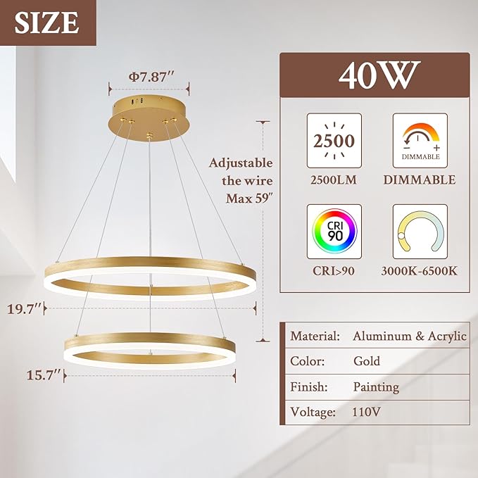 Modern LED Chandelier Gold 2-Rings Pendant Light Circular Flush Mount Ceiling Chandelier Lighting with Remote Control for Bedroom Living Room Dining Room Entrance, 3000K-6500K