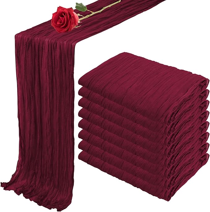 8 Pack 10 ft Burgundy Cheesecloth Table Runner 35x120 Inches Boho Gauze Rustic Cheese Cloth Runners Long Romantic Sheer Table Runner for Wedding Bridal Shower Party Christmas Birthday Decor